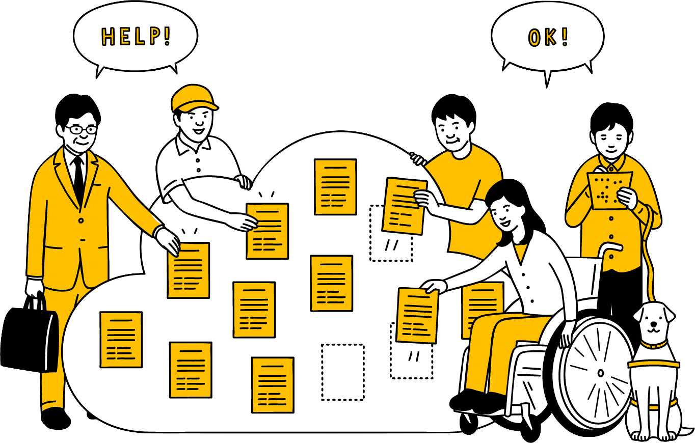 サニーバンクイメージ図：雲の形の掲示板のまわりに仕事を頼みたい人と仕事を受けたい障害者が集まっています